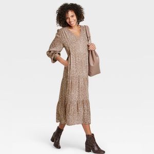 Long Sleeve Tiered Dress - A New Day - Color Brown Leopard Print - Size XS